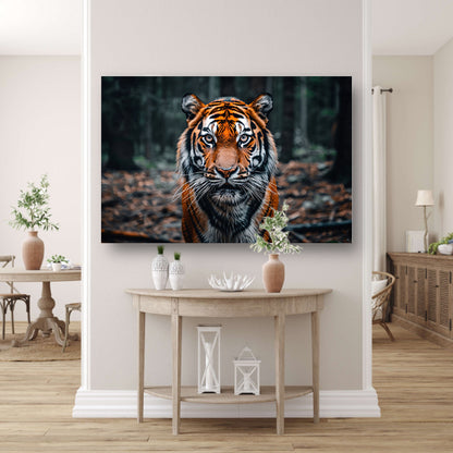 Realistische tijger in bosrijke omgeving canvas met baklijst
