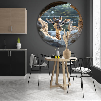 Zwart-Wit Portret van Nieuwsgierige Giraffe aluminium muurcirkel