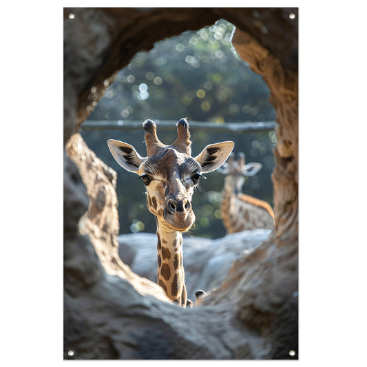 Zwart-Wit Portret van Nieuwsgierige Giraffe tuinposter