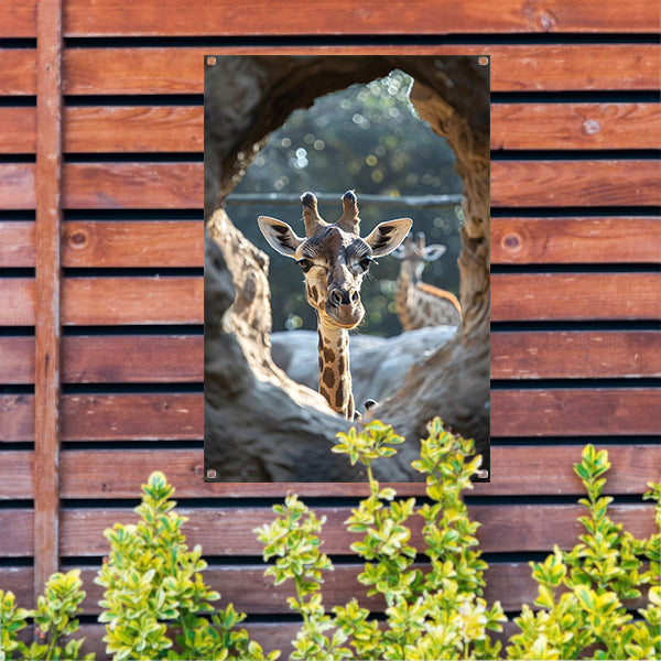 Zwart-Wit Portret van Nieuwsgierige Giraffe tuinposter