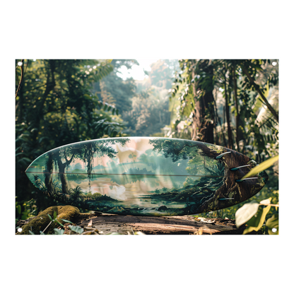 Surfplank met boslandschap tuinposter