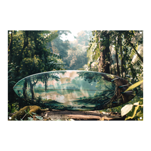 Surfplank met boslandschap tuinposter