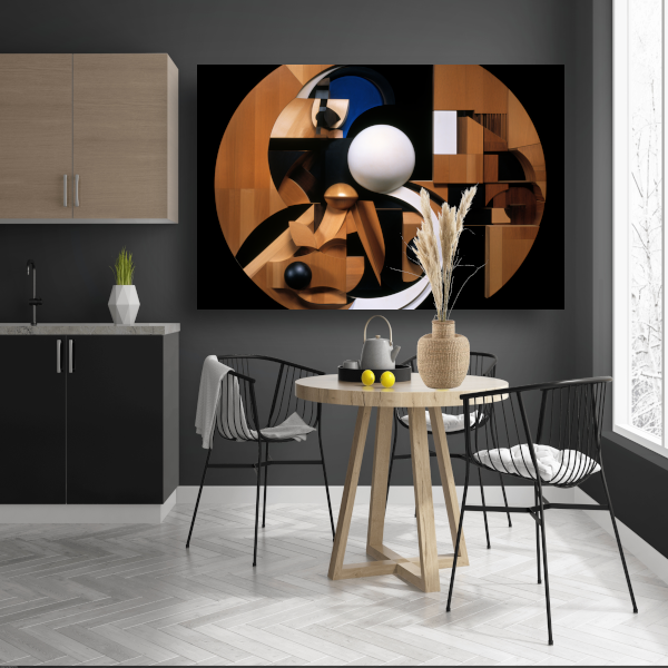 Houten bol op wit - Minimalistisch houtsnijwerk poster