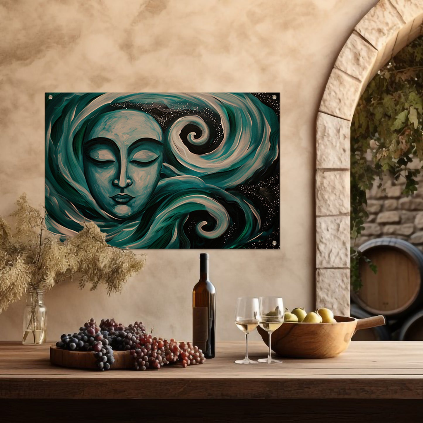 Abstracte schilderij van Boeddha met sterren tuinposter