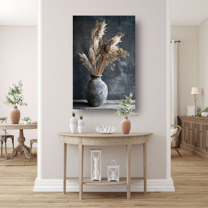 Rustieke blauwe vaas met droge planten op tafel canvas met baklijst