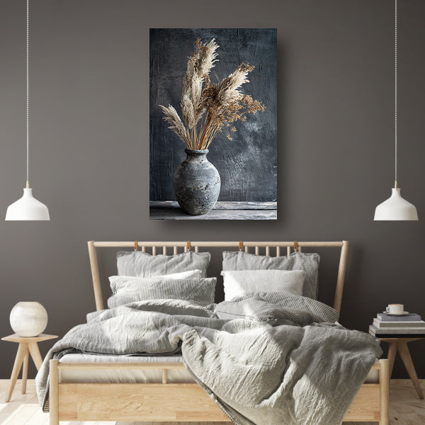 Rustieke blauwe vaas met droge planten op tafel canvas met baklijst