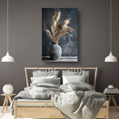 Rustieke blauwe vaas met droge planten op tafel canvas met baklijst
