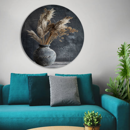 Rustieke blauwe vaas met droge planten op tafel aluminium muurcirkel