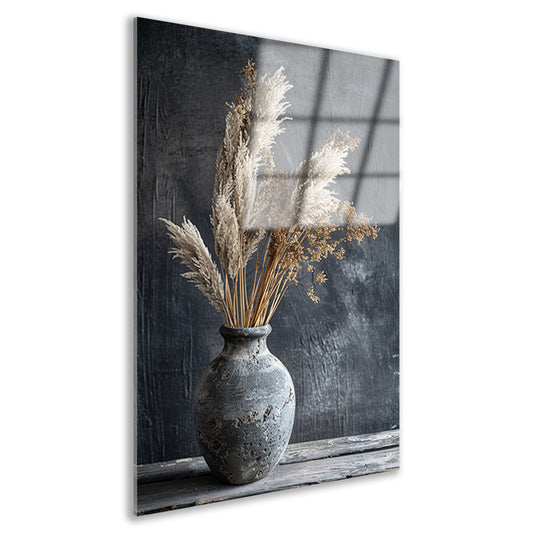 Rustieke blauwe vaas met droge planten op tafel acrylglas