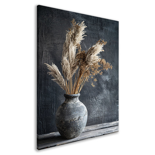 Rustieke blauwe vaas met droge planten op tafel canvas