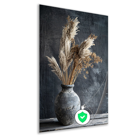 Rustieke blauwe vaas met droge planten op tafel poster