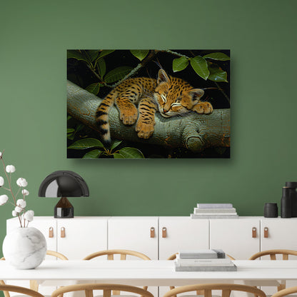 Slapende wilde kat op boomtak poster