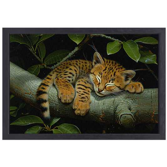 Slapende wilde kat op boomtak canvas met baklijst