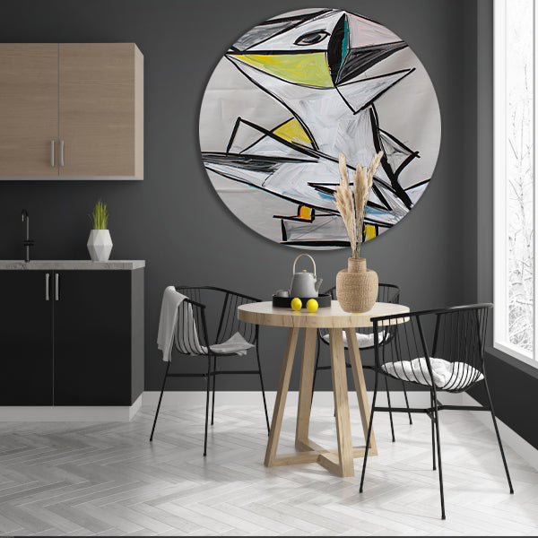 Abstract geometrisch vogel kunstwerk met kleuren aluminium muurcirkel