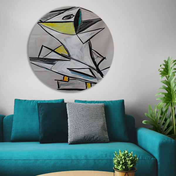 Abstract geometrisch vogel kunstwerk met kleuren aluminium muurcirkel