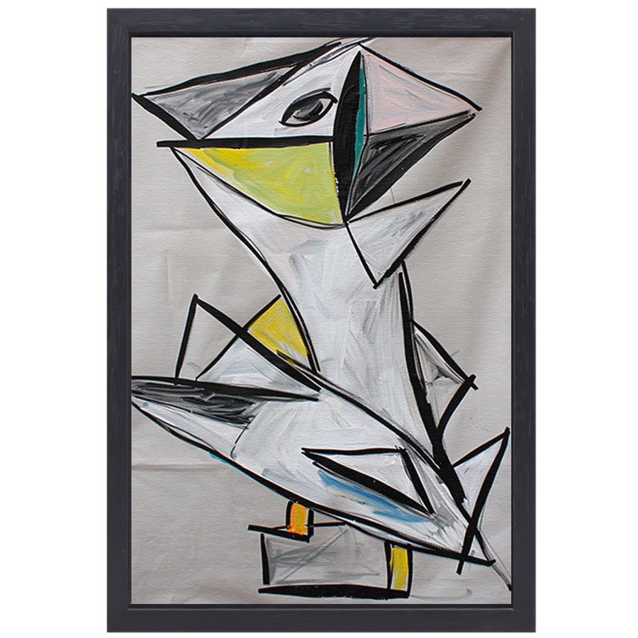 Abstract geometrisch vogel kunstwerk met kleuren canvas met baklijst