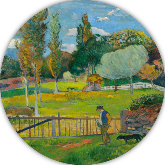 Boer en zijn hond bij een hek - Paul Gauguin aluminium muurcirkel