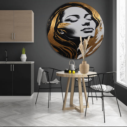 Portret van Vrouw met Gouden Slierten aluminium muurcirkel