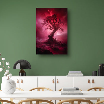 Mystieke Boom in Rood Surrealistisch Landschap poster