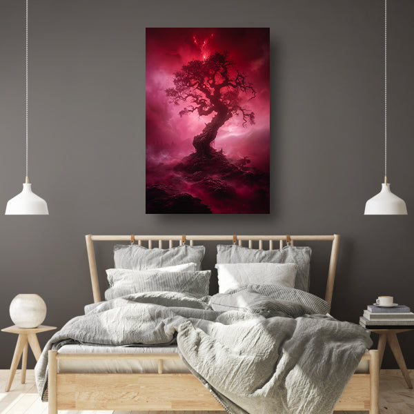 Mystieke Boom in Rood Surrealistisch Landschap poster