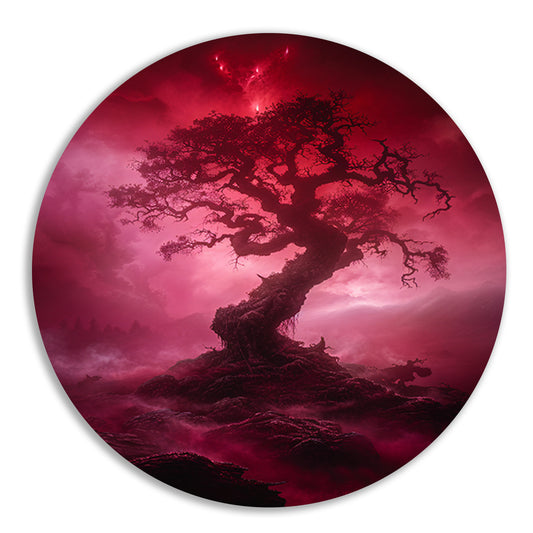Mystieke Boom in Rood Surrealistisch Landschap forex muurcirkel