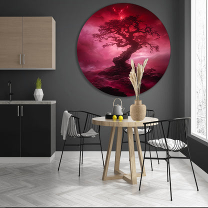 Mystieke Boom in Rood Surrealistisch Landschap forex muurcirkel