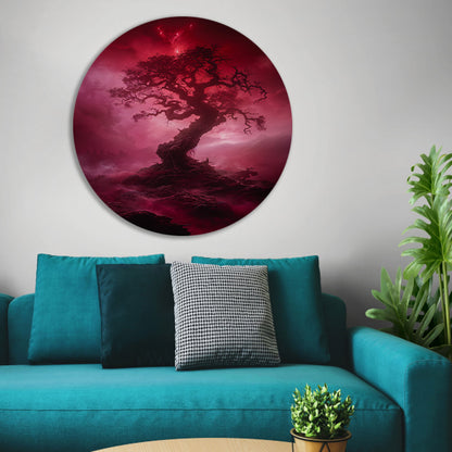 Mystieke Boom in Rood Surrealistisch Landschap forex muurcirkel