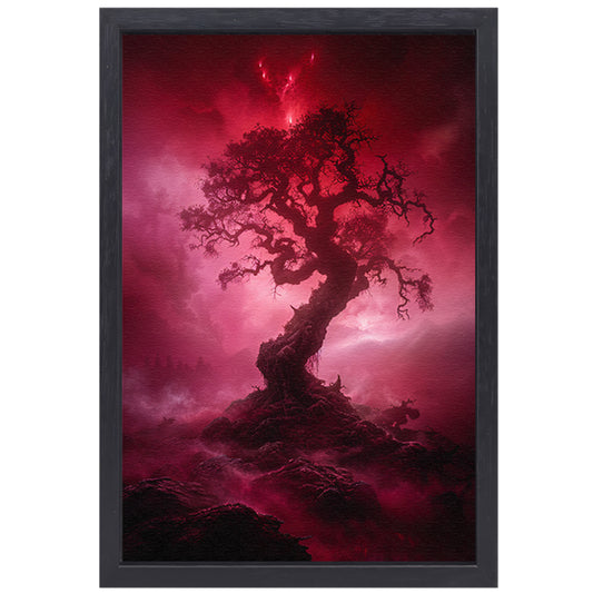 Mystieke Boom in Rood Surrealistisch Landschap canvas met baklijst