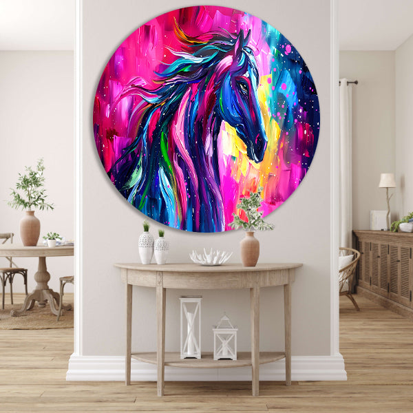 Kleurrijk abstract schilderij van paard forex muurcirkel