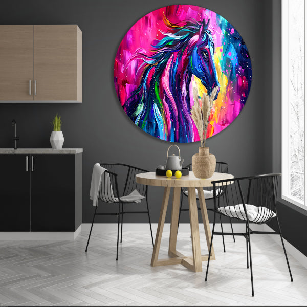 Kleurrijk abstract schilderij van paard aluminium muurcirkel