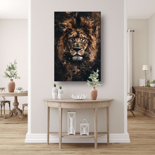 Mysterieus leeuwenportret in rustieke stijl canvas met baklijst