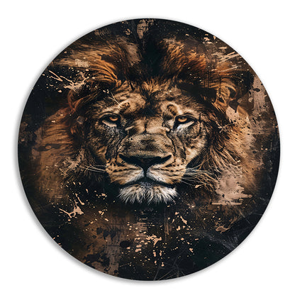 Mysterieus leeuwenportret in rustieke stijl aluminium muurcirkel