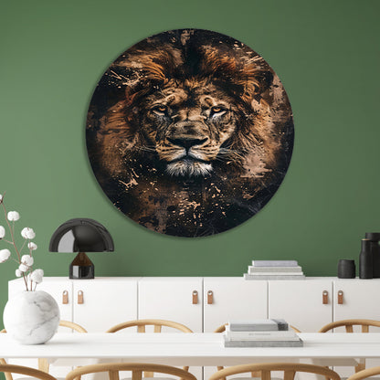 Mysterieus leeuwenportret in rustieke stijl aluminium muurcirkel