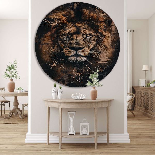 Mysterieus leeuwenportret in rustieke stijl aluminium muurcirkel