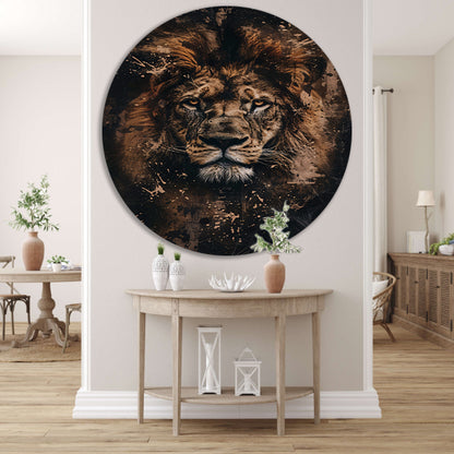 Mysterieus leeuwenportret in rustieke stijl aluminium muurcirkel