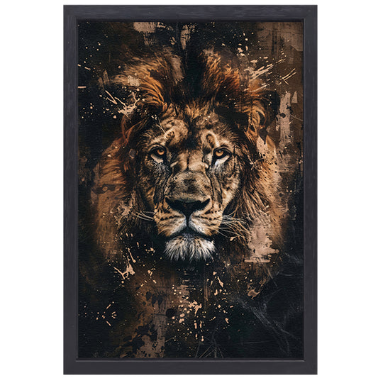 Mysterieus leeuwenportret in rustieke stijl canvas met baklijst
