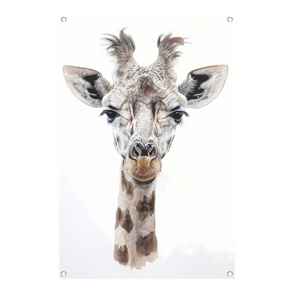 Gedetailleerd schilderij van een giraffe gezicht tuinposter