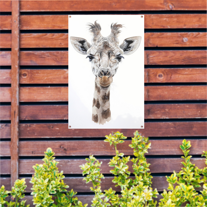 Gedetailleerd schilderij van een giraffe gezicht tuinposter