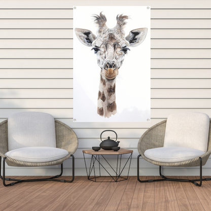 Gedetailleerd schilderij van een giraffe gezicht tuinposter