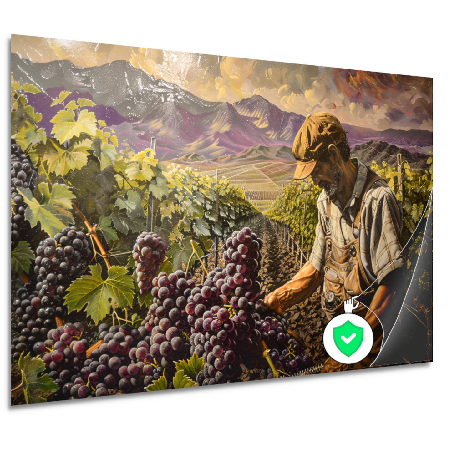 Wijnboer tijdens druivenoogst in vallei poster
