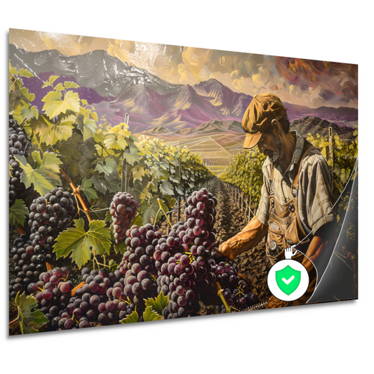 Wijnboer tijdens druivenoogst in vallei poster