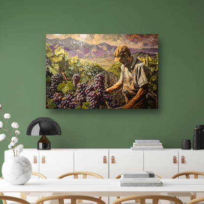 Wijnboer tijdens druivenoogst in vallei canvas