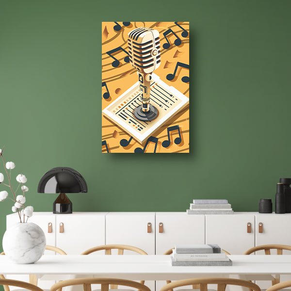 Gouden Microfoon met Notenbalk in Art Deco Stijl canvas met baklijst