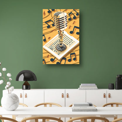 Gouden Microfoon met Notenbalk in Art Deco Stijl canvas met baklijst