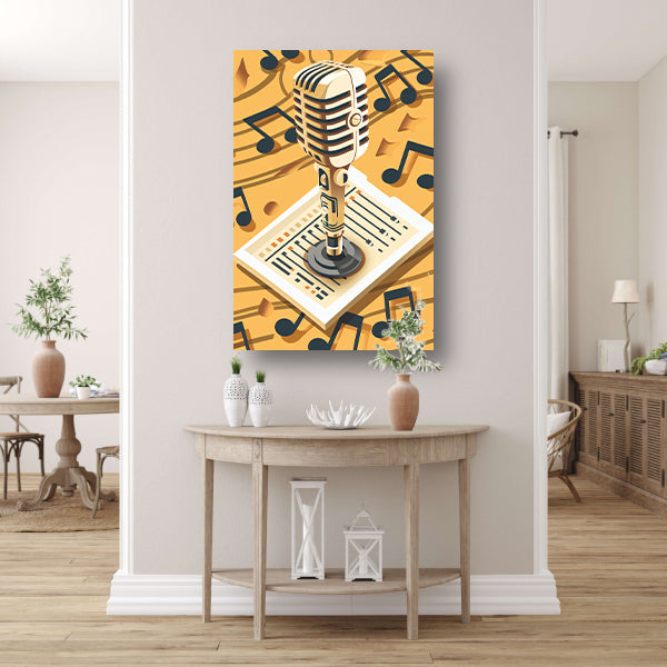 Gouden Microfoon met Notenbalk in Art Deco Stijl canvas met baklijst