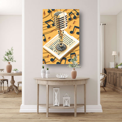 Gouden Microfoon met Notenbalk in Art Deco Stijl canvas met baklijst