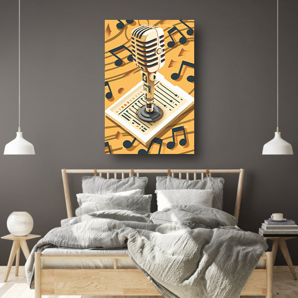 Gouden Microfoon met Notenbalk in Art Deco Stijl canvas met baklijst