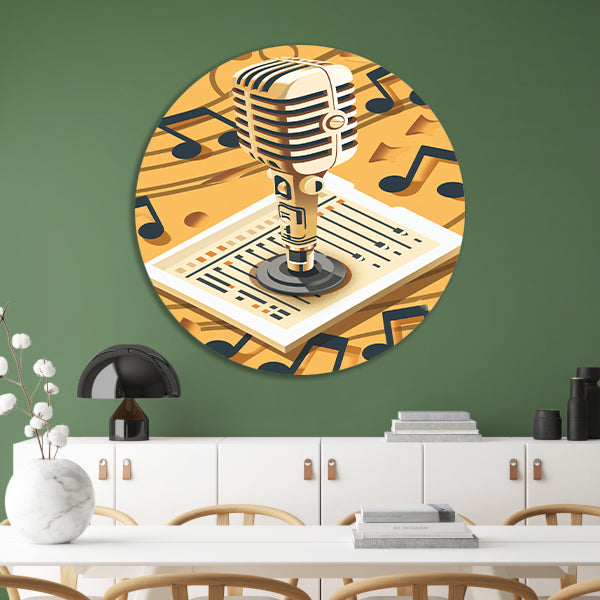 Gouden Microfoon met Notenbalk in Art Deco Stijl aluminium muurcirkel