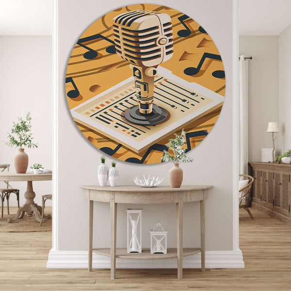 Gouden Microfoon met Notenbalk in Art Deco Stijl aluminium muurcirkel