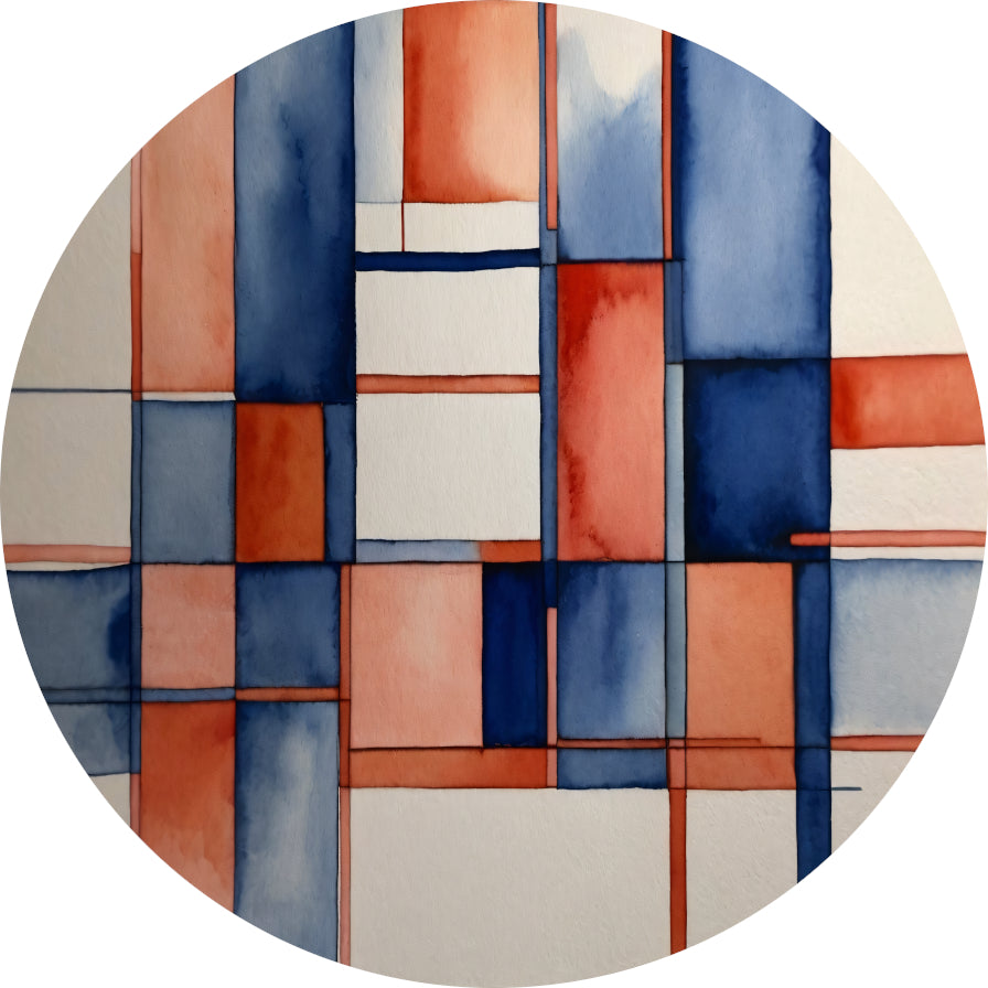 Harmonie in Abstractie: Blauw en Rood Aquarel forex muurcirkel